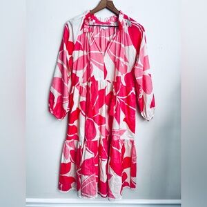 Naudic women Pink print long sleeve tiered midi dress relaxed oversized peasant